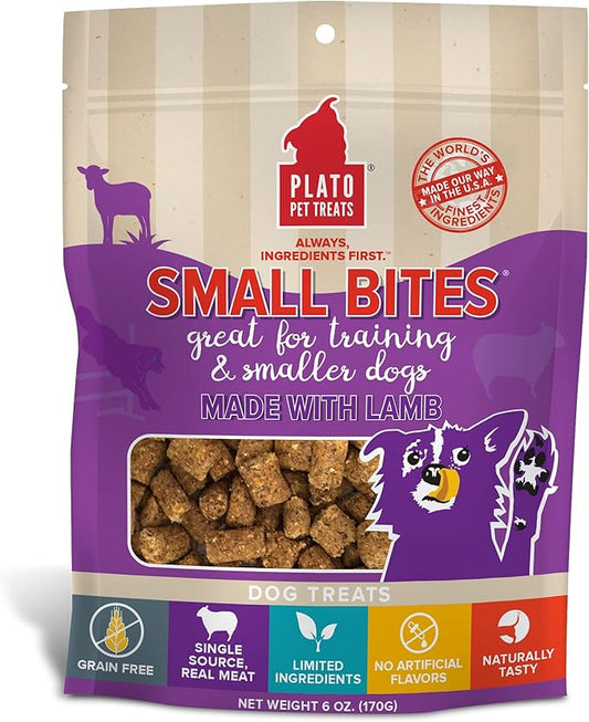 PLATO Pet Treats Air Dried Small Bites Dog Treats, Natural Bite Sized Real Meat & Lamb, Grain Free & High Protein, Made in The USA, 6oz
