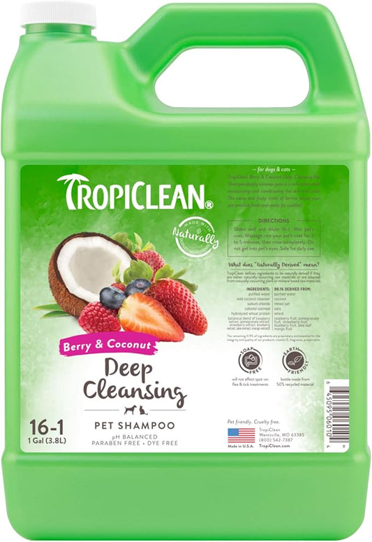 TropiClean Berry & Coconut Deep Cleansing Dog Shampoo | Deodorizing Dog Shampoo | Natural Pet Shampoo Derived from Natural Ingredients | Cat Friendly | Made in the USA | 1 gal.