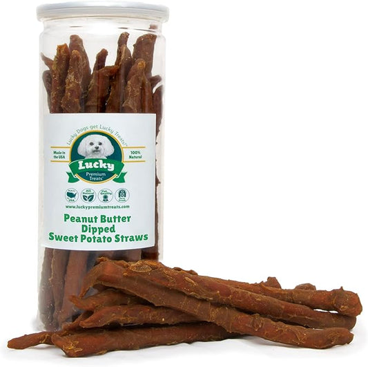 Lucky Premium Treats Peanut Butter Dipped Sweet Potato Straws – All Natural Sweet Potato Dog Treats, Jerky Dog Chews Made with Natural Peanut Butter and Sweet Potato (7 oz)