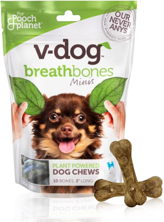 V-dog Dog Treats - Vegan Breathbone Teeth Cleaning Dental Bones - Fresh Breath - 8 Ounces - Minis - All Natural, Made in USA - 10 Bones - 3" Long - Easy to Digest