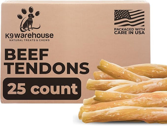 Beef Tendon Chews for Dogs - Single Ingredient All Natural Dog Treats - Dog Chew Sticks for Dogs, 7-9 Inch - Free-Range, Grass-Fed Beef & Rawhide Free (25-Pack)