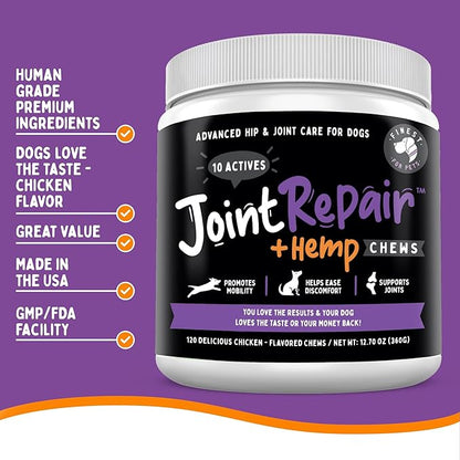 Advanced Joint Repair + Hemp Hip & Joint Health Supplement for Dogs - Relieves Arthritis, Pain & Inflammation, Improve Mobility, Extra Strength Soft Chew Treats with Glucosamine, Chondroitin & MSM