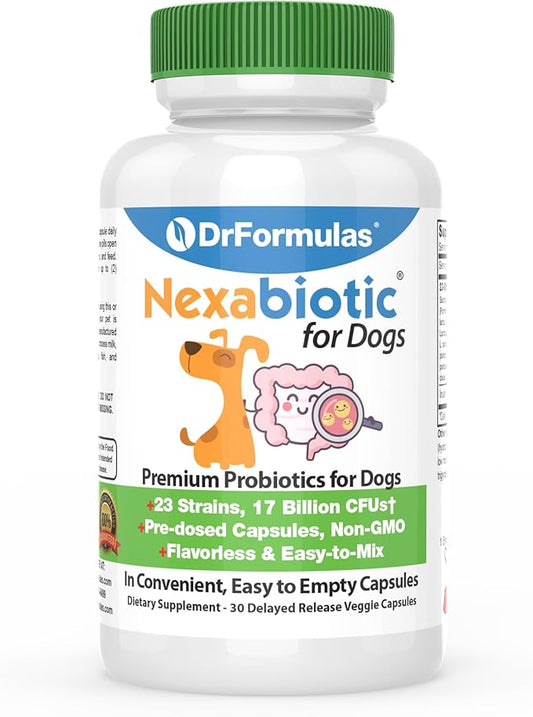 DrFormulas Probiotics for Dogs & Puppies Pets Diarrhea Treatment | Flavorless, Pre-dosed, 23 Premium Nexabiotic Probiotic for Pets with Saccharomyces Boulardii, Lactobacillus Acidophilus, 30 Doses