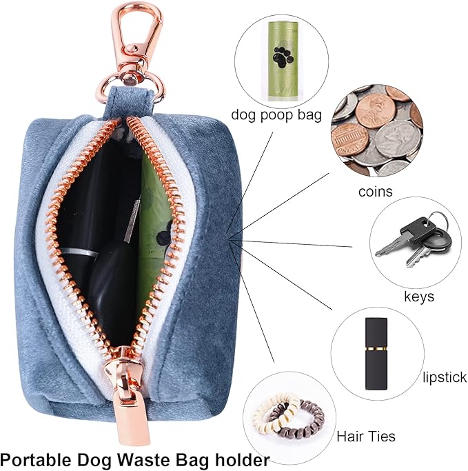 ARING PET Velvet Dog Waste Bag Dispenser, Cute Blue Doggy Poop Bags Holders Attach to Any Leashes, Portable Washable Pet Waste Pouch Dispenser with Metal Zipper