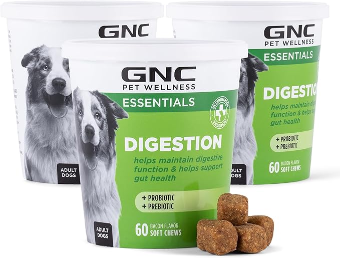 GNC Pets Essentials Digestion Supplements for All Dogs, 60ct - 3 Pack| Soft Chews Bacon Flavor 12oz Reusable Container | Daily Supplements for Dogs Digestion