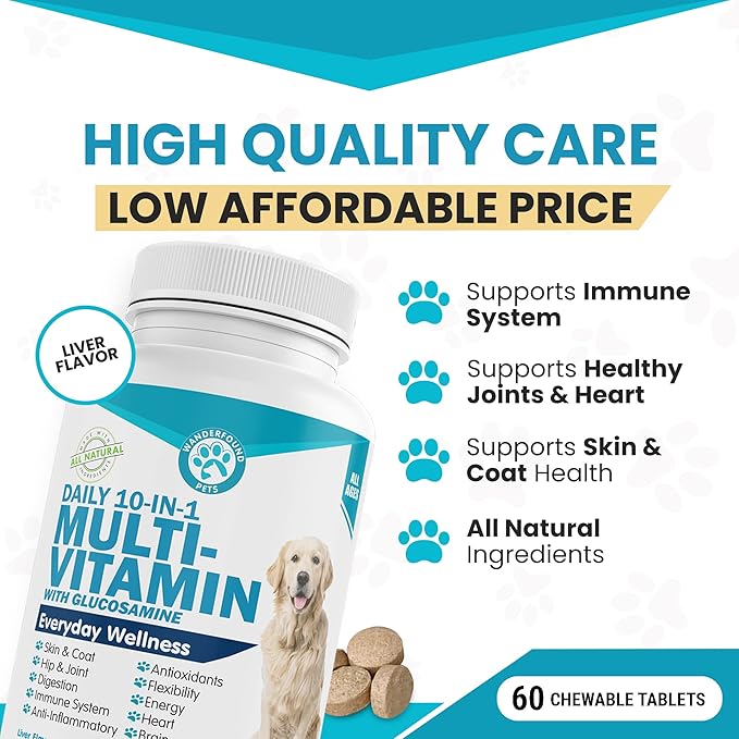 Wanderfound Pets 10-in-1 Dog Multivitamin, Chewable Dog Vitamins with Glucosamine, D3, and MSM, Dog Health Supplies for Immune System and Joint Health, Liver Flavor, 60 Tablets