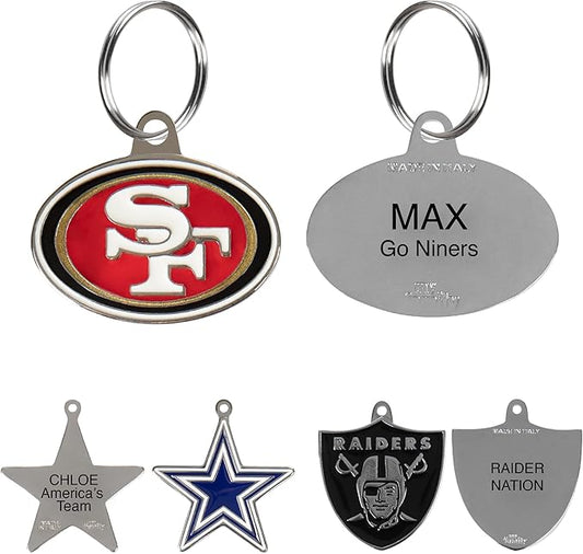 NFL San Francisco 49ERS Engraving Pet ID Tags in 32 Team Logo Shapes Personalized Dog Tags and Cat Tags with 3 Lines of Customizable Text for Tracking & Safety. Stainless Steel Pet ID Tracking Tags