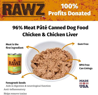 Rawz 96% Meat Canned Wet Food for Dogs 12 Pack/ 12.5 oz. Cans (Chicken/Chicken Liver)