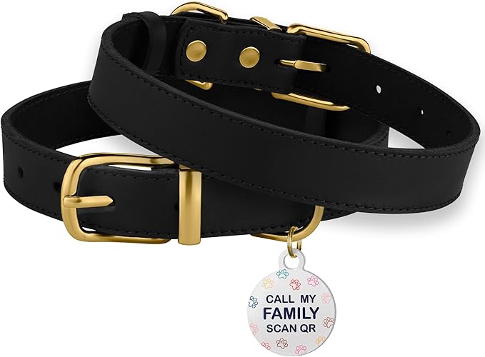 BRONZEDOG Leather Dog Collar with QR ID Tag Basic Pet Collars for Small Mini Dogs Cats Puppies (7-9 Inch (Pack of 1), Black & Gold Buckle)