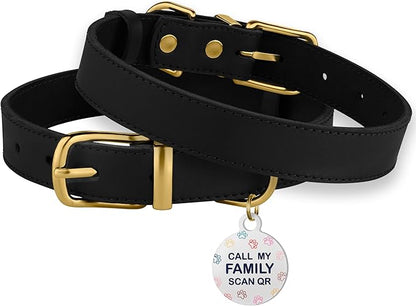 BRONZEDOG Leather Dog Collar with QR ID Tag Basic Pet Collars for Small Mini Dogs Cats Puppies (7-9 Inch (Pack of 1), Black & Gold Buckle)