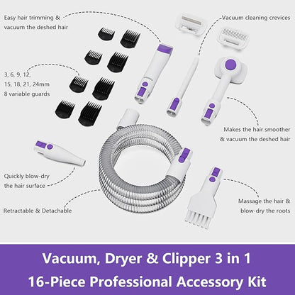 GROBELL Dog Blow Dryer & Grooming Vacuum Kit: 2.5L 16kPa Professional Dog Clippers Groomer for Pet Hair Tool Cat Trimmer for Long or Short Hair Dogs Shavers for Thick Coat Shedding Brush & Deshedding