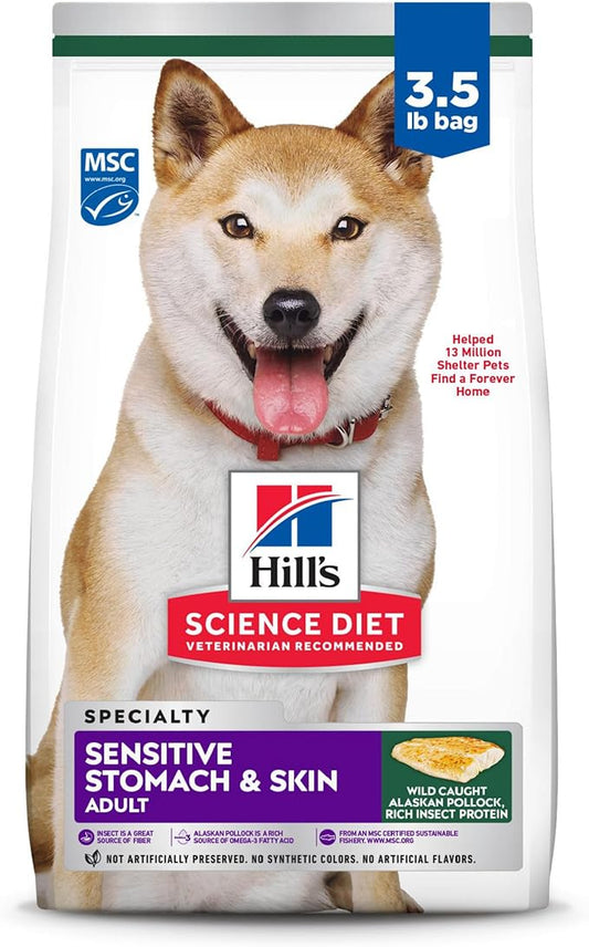 Hill's Science Diet Sensitive Stomach & Skin, Adult 1-6, Stomach & Skin Sensitivity Support, Dry Dog Food, Pollock, Barley, & Insect Recipe, 3.5 lb Bag