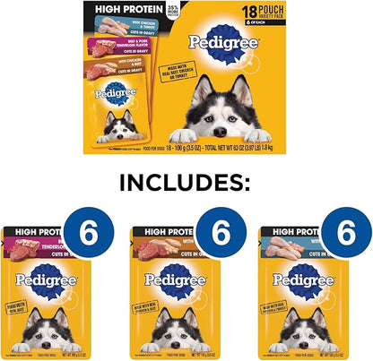 Pedigree High Protein Wet Dog Food Pouches, Variety Pack, 3.5 oz. Pouches,(Pack of 18)