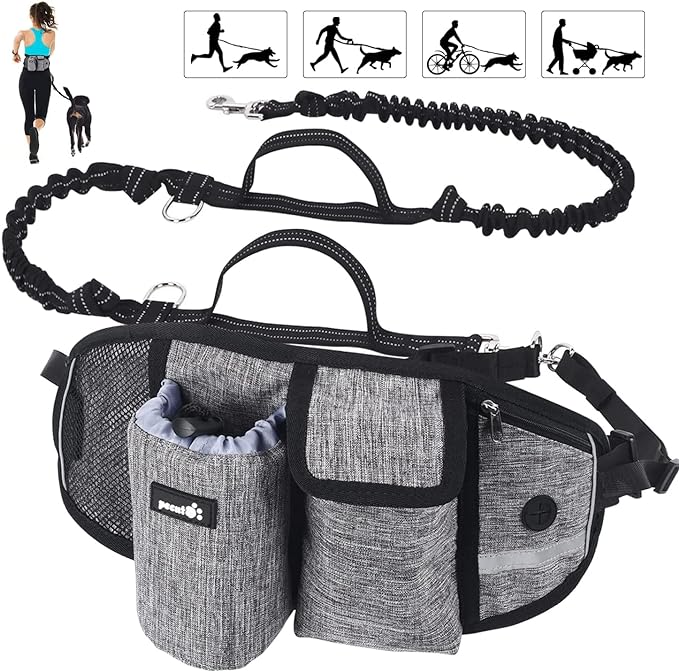 Pecute Hands Free Dog Leash, Waist Dog Running Leash with 2 Shock-Absorbing Bungees, Padded Back, Multi Pouches, Reflective Waist Dog Leash for Medium to Large Dogs Walking Running Hiking