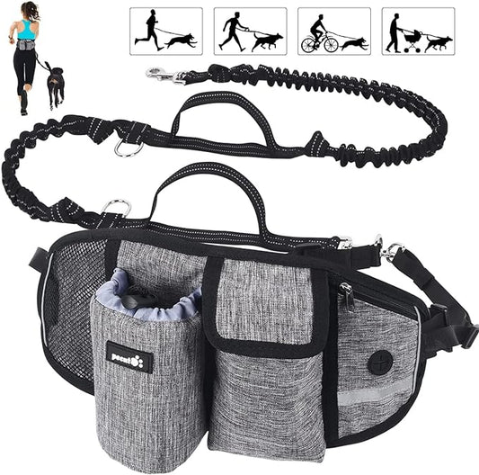 Pecute Hands Free Dog Leash, Waist Dog Running Leash with 2 Shock-Absorbing Bungees, Padded Back, Multi Pouches, Reflective Waist Dog Leash for Medium to Large Dogs Walking Running Hiking