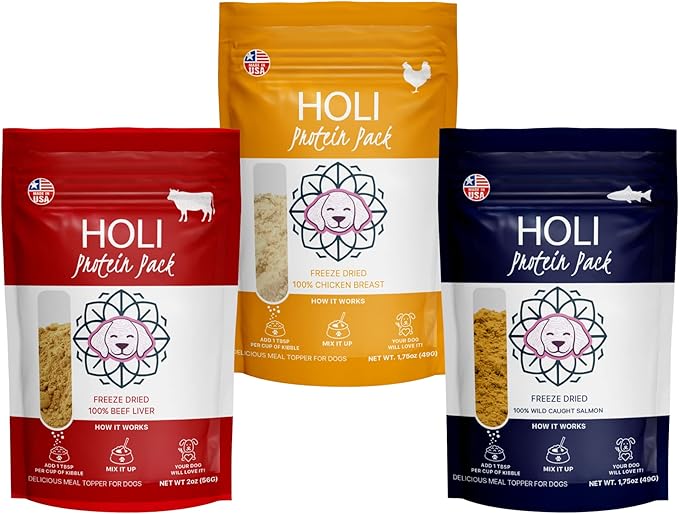 HOLI Freeze Dried Dog Food Topper - 3 Pack 2oz/Bag (Beef Liver, Chicken Breast, Salmon) Mix in Flavor Enhancer, 100% All Natural