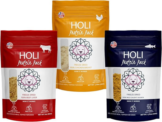 HOLI Freeze Dried Dog Food Topper - 3 Pack 2oz/Bag (Beef Liver, Chicken Breast, Salmon) Mix in Flavor Enhancer, 100% All Natural