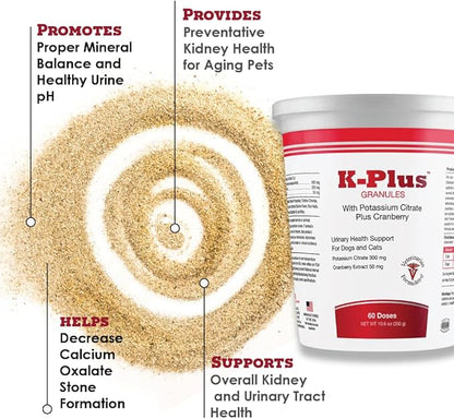 K-Plus Potassium Citrate Plus Cranberry Granules for Dogs and Cats - Veterinarian Approved UTI Remedy Granules - Supports Bladder Health - 60 Doses