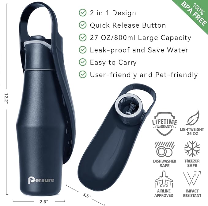 Dog Water Bottle, Portable Dog Water Bottle Dispenser - 27 OZ Stainless Steel Leak-Proof Water Bottle for Dogs On The Go, Perfect for Travel, Walking, Hiking and Outdoor Activities, Whole Blue