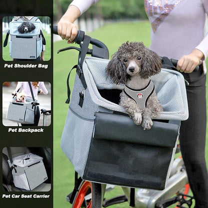Pet Carrier Bicycle Basket Bag Pet Carrier/Booster Backpack for Dogs and Cats with Big Side Pockets,Comfy & Padded Shoulder Strap,Travel with Your Pet Safety（grey）