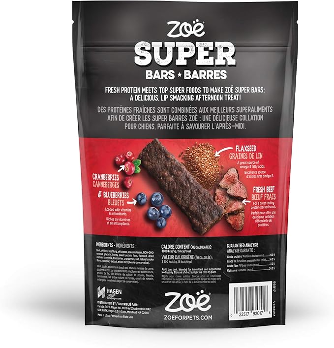 Zoe Super Bar Natural Dog Treats, Protein-Packed, Grain-Free and Gluten-Free, Made in The USA Only, Beef Recipe, 6 oz, 92017