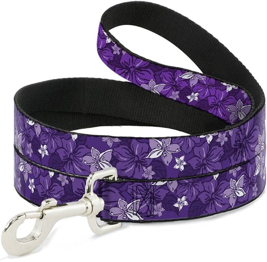 Dog Leash Hibiscus Collage Purple Shades 4 Feet Long 0.5 Inch Wide