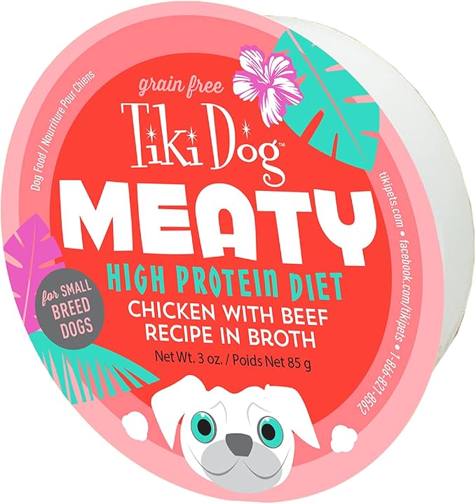 Tiki Dog Meaty – Grain Free High Protein Wet Dog Food Beef Recipe in Broth, 4 cans, 3 oz