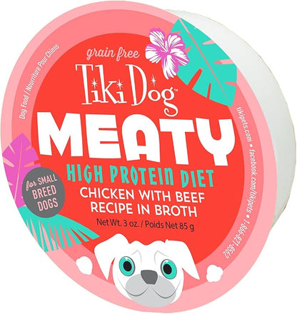 Tiki Dog Meaty – Grain Free High Protein Wet Dog Food Beef Recipe in Broth, 4 cans, 3 oz