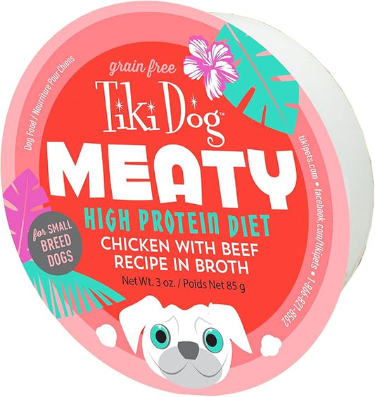 Tiki Dog Meaty – Grain Free High Protein Wet Dog Food Beef Recipe in Broth, 4 cans, 3 oz