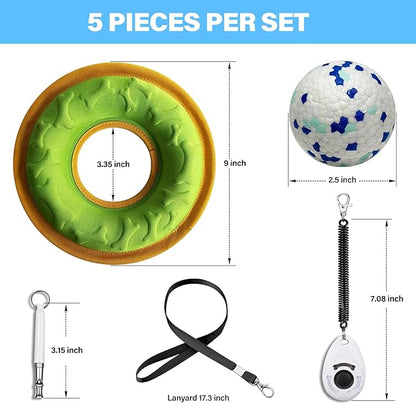 Dog Training Kit include Dog Training Clicker with Wrist Strap, Dog Whistle with Black Strap Lanyard, Dog Flying Discs, Dog Toy Balls, Suitable for Small Medium Dogs Training Tools (light-colored)