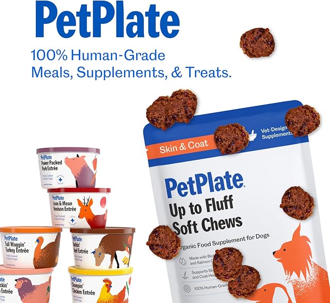 PetPlate Skin & Coat Chews for Dogs, USDA Organic Supplement, Grain-Free, Human-Grade, includes Salmon Oil and Biotin, Pet Supplies (Pack of 1, 9.8 Ounce)