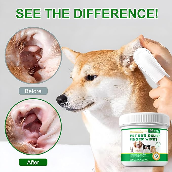 Ear Cleaning Wipes for Dogs & Cats, Gently Remove Wax & Debris, Reduce Ear Inflammation, Finger Set Cellular Network Design, Rich in Fermented Coconut Oil and Aloe Vera, All Natural, 50 Count