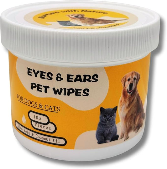 Eyes & Ears Pet Wipes (100count) - Cleanser for Pets with Aloe Essence and Coconut Oil - Specially formulated, Non-irritating, Safe for everyday use and effective for all breeds