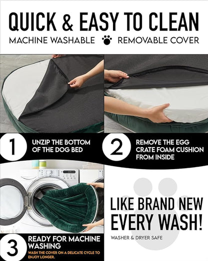 Orthopedic Dog Bed for Large Dogs, Dog Couch Design with Egg Foam Support, Removable, Machine Washable Plush Cover and Non-Slip Bottom with Four Sided Bolster Cushion (Dark Green)