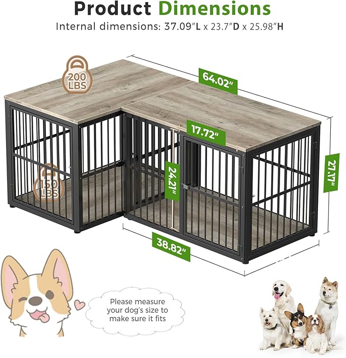 39'' L-Shaped Corner Dog Crate Furniture Large Breed with Double Rooms,Wooden Dog Crate End Table Indoor with Removable Divider for Small to Medium Dogs, Can Use Separately