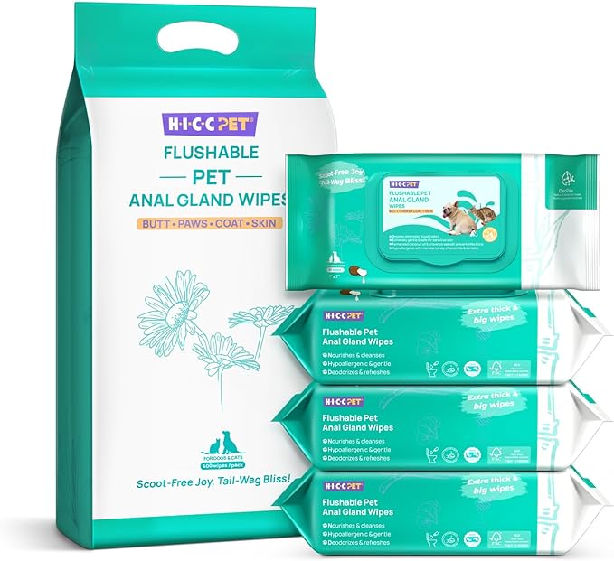 HICC Pet Flushable Plant Based Dog Wipes for Pets Cleansing & Deodorizing Anal Gland Hygienic Wipes for Dogs & Cats -Grooming Wipes for Paws, Body, and Butt -Puppy Essentials (400 Count)