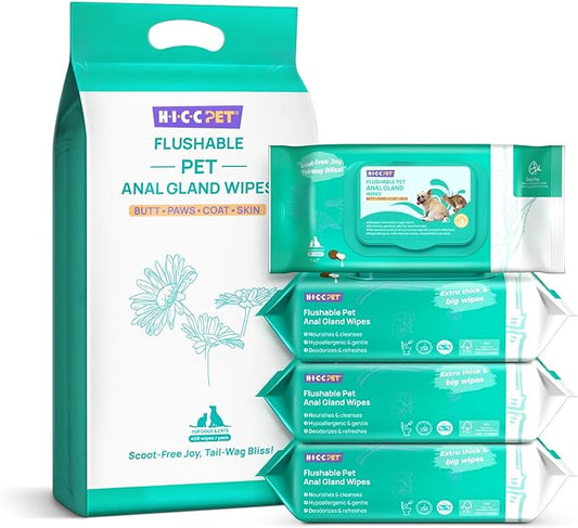 HICC Pet Flushable Plant Based Dog Wipes for Pets Cleansing & Deodorizing Anal Gland Hygienic Wipes for Dogs & Cats -Grooming Wipes for Paws, Body, and Butt -Puppy Essentials (400 Count)