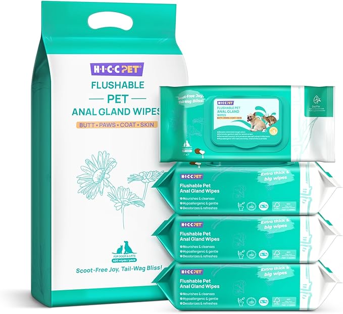 HICC Pet Flushable Plant Based Dog Wipes for Pets Cleansing & Deodorizing Anal Gland Hygienic Wipes for Dogs & Cats -Grooming Wipes for Paws, Body, and Butt -Puppy Essentials (400 Count)