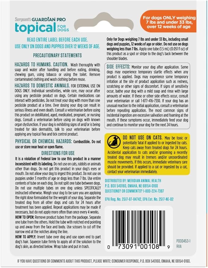 Sergeant's Guardian Pro Flea & Tick Squeeze On Topical for Dogs, 7-33 lbs., 3 Count