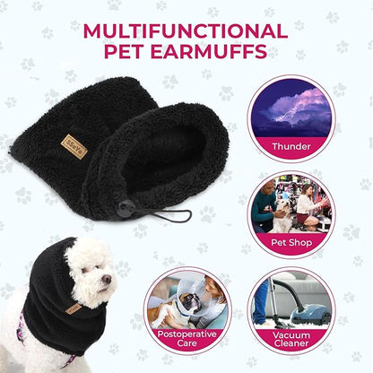 Adjustable Dog Noise Cancelling Ear Muffs Noise Protection - No Flap Ear Wraps for Dogs - Snoods Dog Headband Ear Covers for Anxiety Relief, Thunderstorms, Fireworks & Grooming (Black, Large)