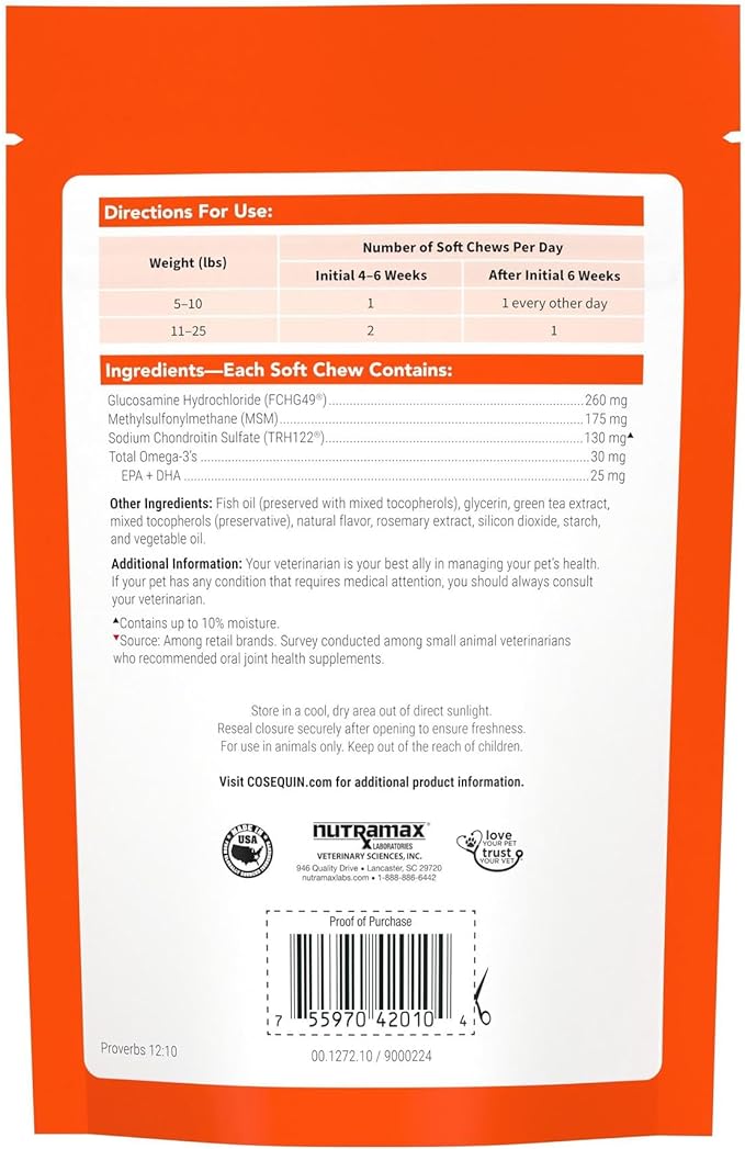 Nutramax Cosequin Minis Maximum Strength Joint Health Supplement - With Glucosamine, Chondroitin, MSM, and Omega-3's, 45 Soft Chews