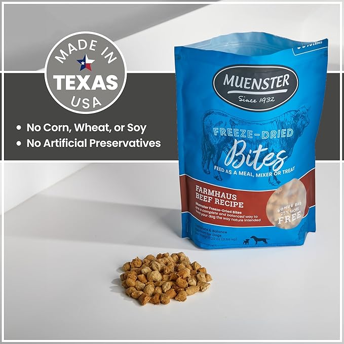 Muenster Freeze Dried Dog Food Topper Bites (20oz) - Farmhaus Beef Freeze Dried Raw Dog Food w/Organic Minerals - Beef & Organ Meats Meal Toppers for Dogs - Freeze Dried Dog Treats for Training