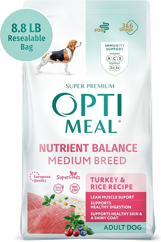 OPtimeal Dry Dog Food for Medium Dogs - Proudly Ukrainian - Dog Food Dry Recipe with High-Protein to Support Healthy Digestion for Medium Breeds (8.8 lbs, Turkey & Rice)