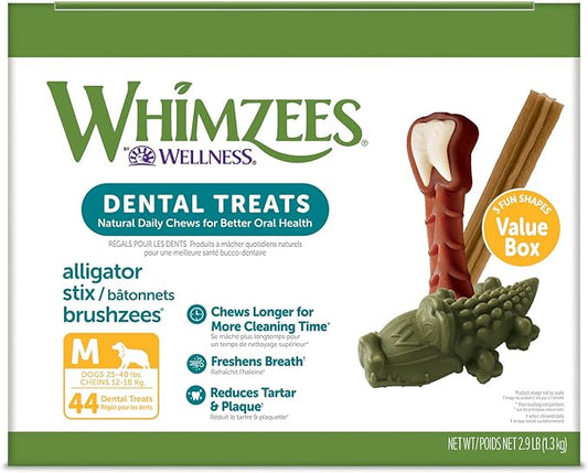 WHIMZEES by Wellness Value Box Natural Dental Chews for Dogs – Clean Teeth, Freshen Breath, Reduce Plaque & Tartar, Medium Breed 44 Count