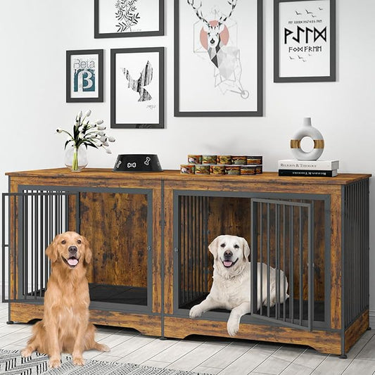 75 Inch 3-in-1 Large Double Dog Crate Furniture for 2 Dogs Durable Rustic Brown Dog Crate TV Stand with Trays and Divider