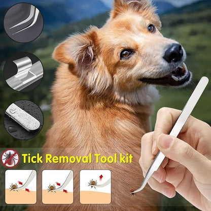 Tick Removal Tool for Dogs, Stainless Steel Tick Tweezers Remover Tool Kit, 3 Pack Quick & Safe Tick Hook Flea Tick Tweezers Clip Remover Flea Comb Magnifying Glass for Dogs Cats Human