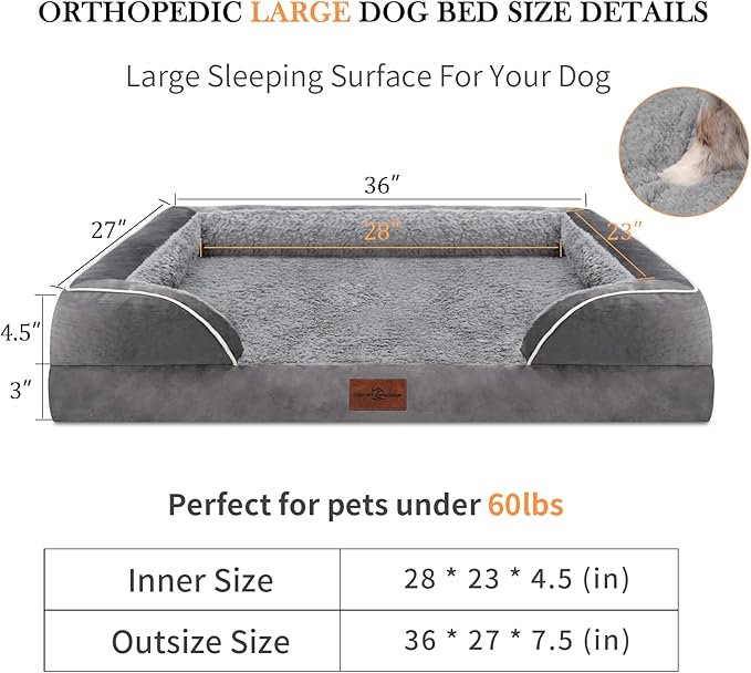 Large Dog Beds Waterproof Orthopedic Foam Dog Beds for Large Dogs Sofa Comfy Pet Bed with Washable Removable Cover & Non-Slip Bottom(Large,Grey)
