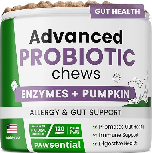 Advanced Dog Probiotics & Digestive Enzymes |Gut Health| Chews for Digestion, Allergy Yeast, Itchy Skin- Prebiotics Fiber Supplement - Diarrhea Gas Upset Stomach Relief Treats - 120 Chews