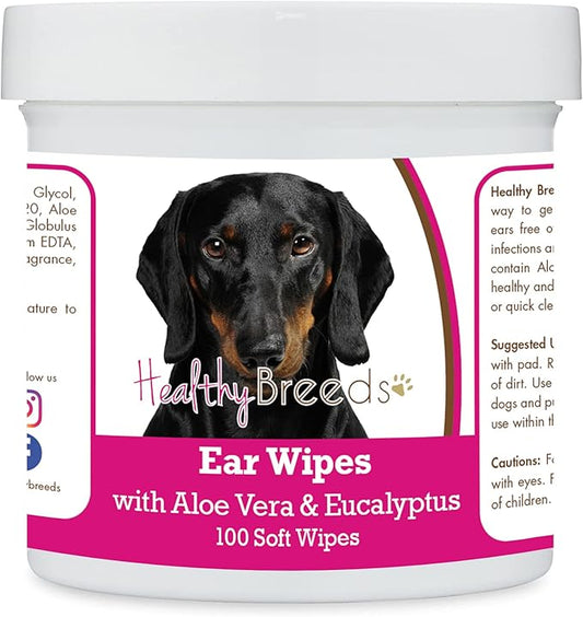 Healthy Breeds Dachshund, Smooth Black and Tan, Ear Cleaning Wipes with Aloe & Eucalyptus for Dogs 100 Count