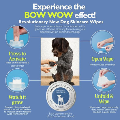 Best BARKIN' Wipes with Free Mesh Bag, Dog Wipes for Paws Ears and Butt, Micellar Aloe Scented Travel Friendly Puppy Wipes (12-Pack)
